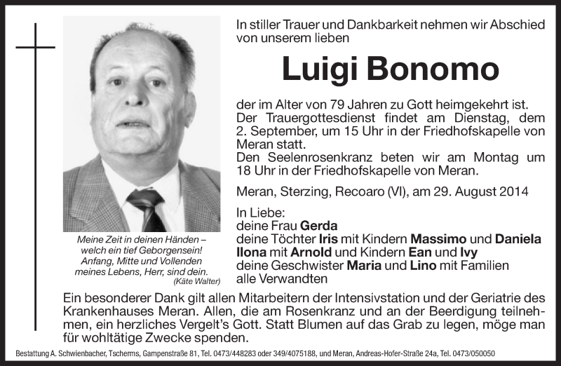  Traueranzeige für Luigi Bonomo vom 30.08.2014 aus Dolomiten