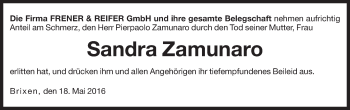 Traueranzeige von Sandra Zamunaro von Dolomiten