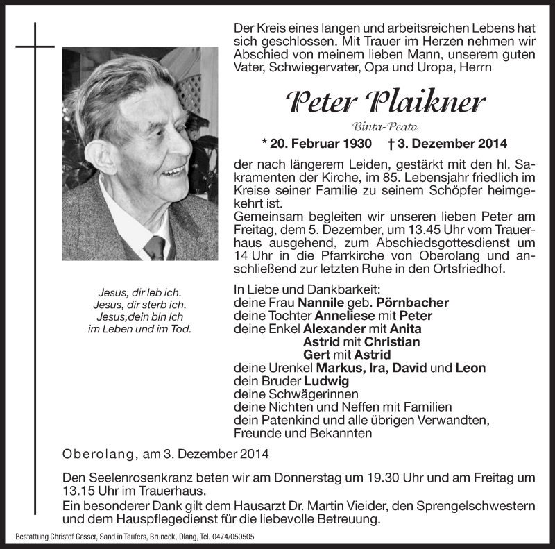  Traueranzeige für Peter Plaikner vom 04.12.2014 aus Dolomiten