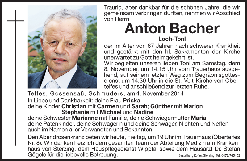  Traueranzeige für Anton Bacher vom 07.11.2014 aus Dolomiten