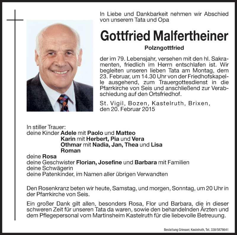  Traueranzeige für Gottfried Malfertheiner vom 21.02.2015 aus Dolomiten