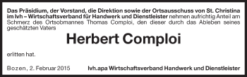 Traueranzeige von Herbert Comploi von Dolomiten