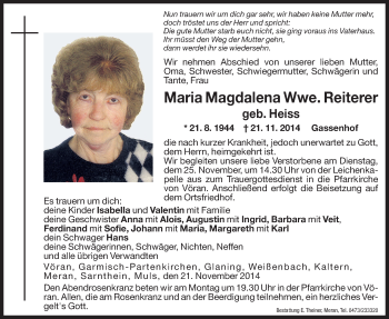 Traueranzeige von Maria Magdalena Reiterer von Dolomiten