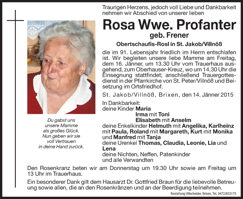  Traueranzeige für Rosa Profanter vom 15.01.2015 aus Dolomiten