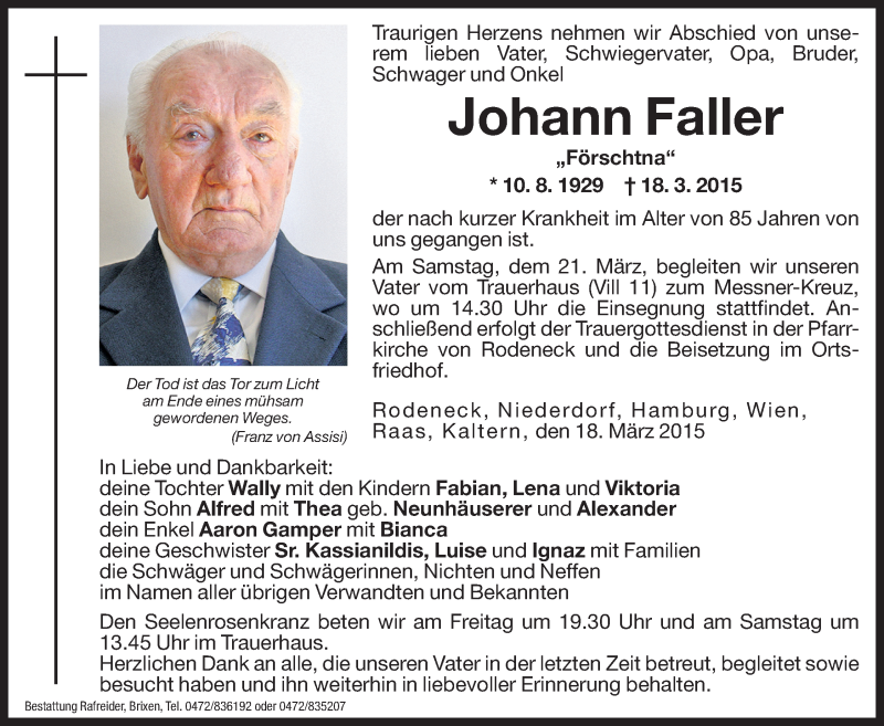  Traueranzeige für Johann Faller vom 20.03.2015 aus Dolomiten