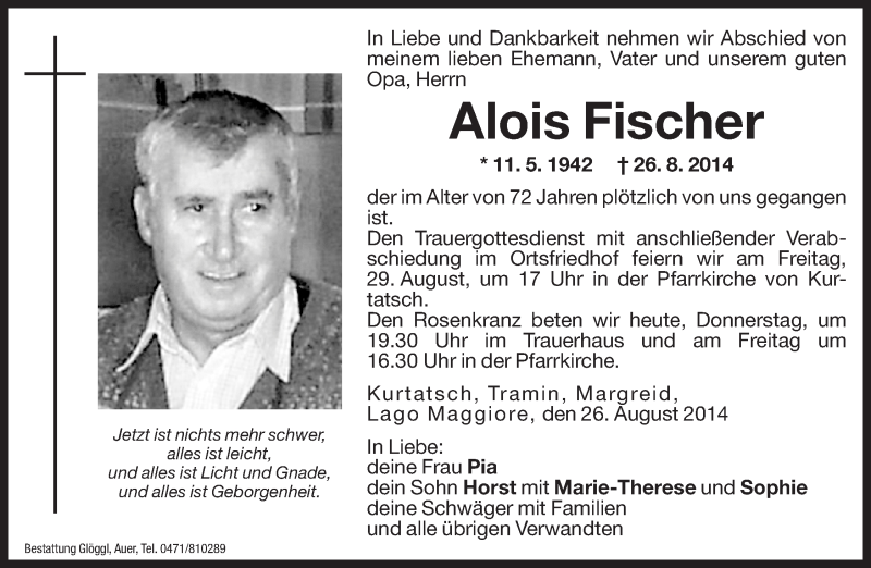  Traueranzeige für Alois Fischer vom 28.08.2014 aus Dolomiten