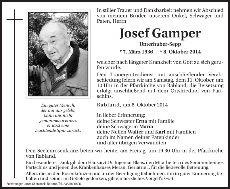  Traueranzeige für Josef Gamper vom 10.10.2014 aus Dolomiten