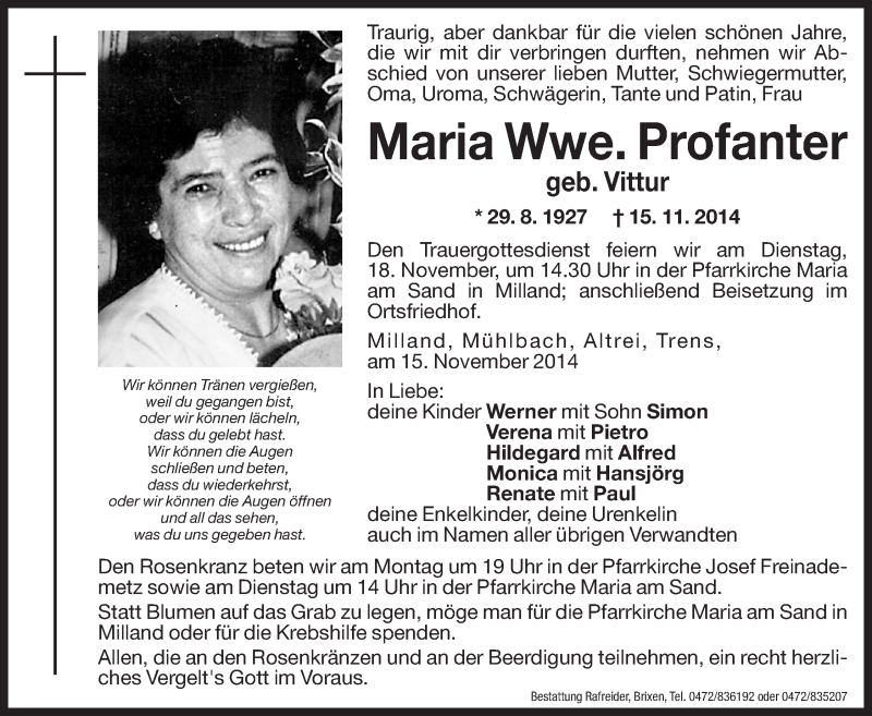  Traueranzeige für Maria Profanter vom 17.11.2014 aus Dolomiten