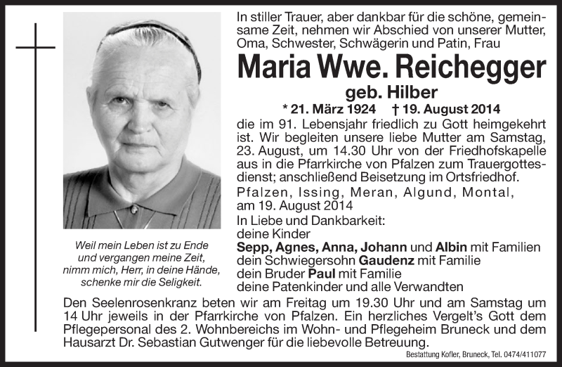  Traueranzeige für Maria Reichegger vom 22.08.2014 aus Dolomiten