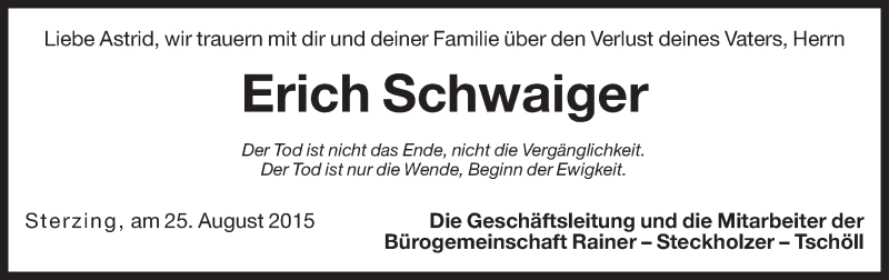  Traueranzeige für Erich Schwaiger vom 26.08.2015 aus Dolomiten