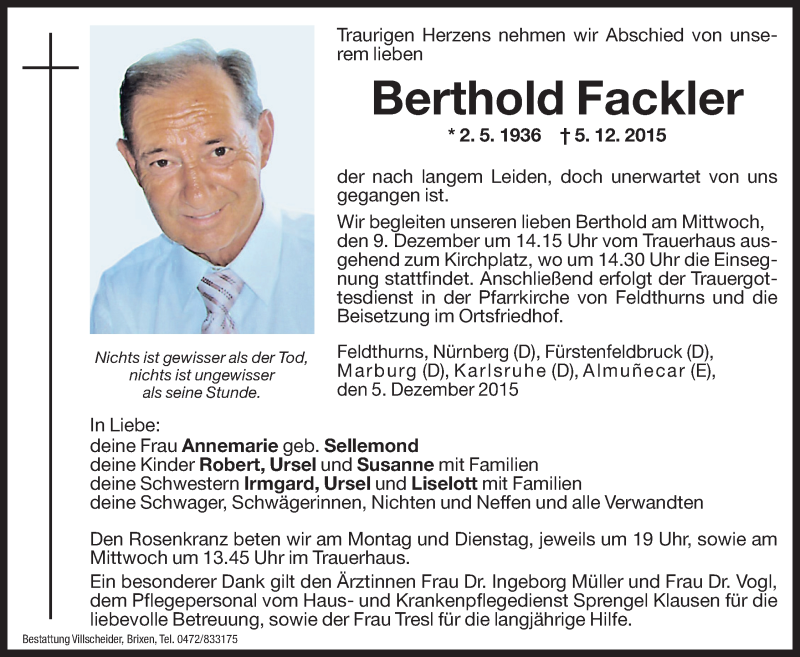  Traueranzeige für Berthold Fackler vom 07.12.2015 aus Dolomiten