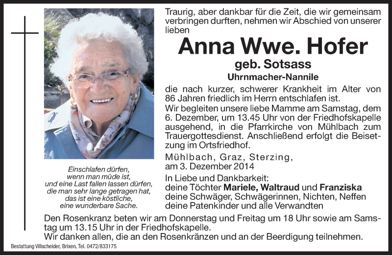  Traueranzeige für Anna Hofer vom 04.12.2014 aus Dolomiten