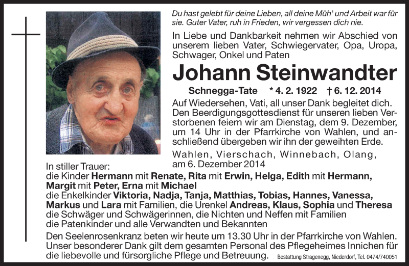  Traueranzeige für Johann Steinwandter vom 09.12.2014 aus Dolomiten