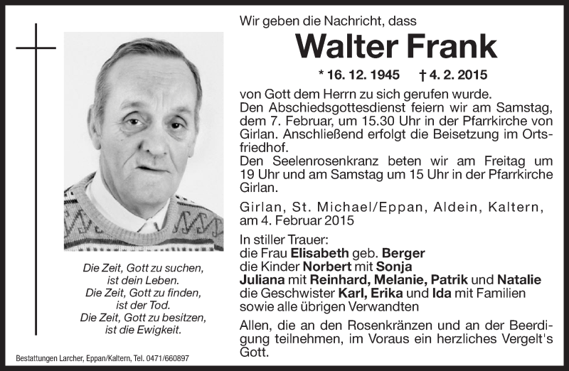  Traueranzeige für Walter Frank vom 05.02.2015 aus Dolomiten