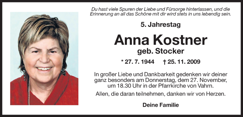  Traueranzeige für Anna Kostner vom 25.11.2014 aus Dolomiten