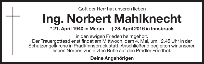  Traueranzeige für Norbert Mahlknecht vom 03.05.2016 aus Dolomiten