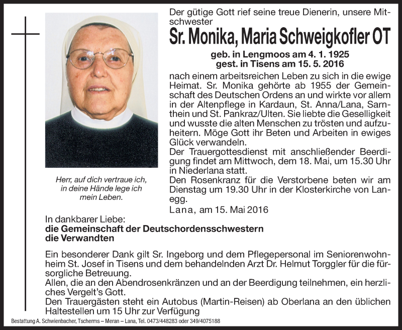  Traueranzeige für Maria Schweigkofler vom 17.05.2016 aus Dolomiten