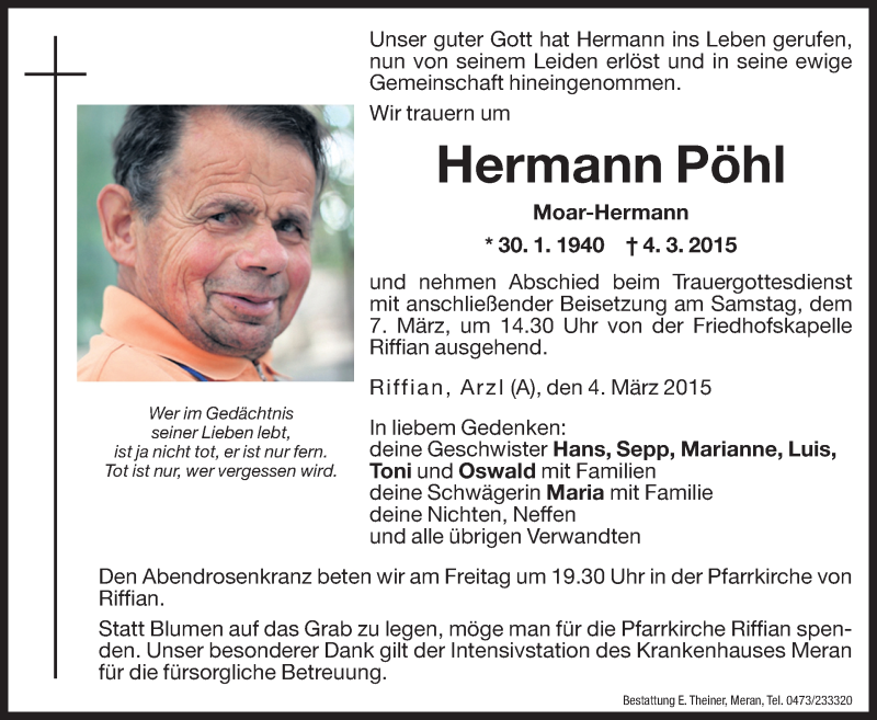  Traueranzeige für Hermann Pöhl vom 06.03.2015 aus Dolomiten