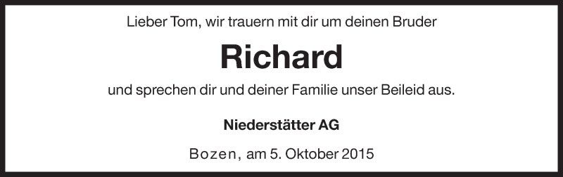  Traueranzeige für Richard  vom 05.10.2015 aus Dolomiten
