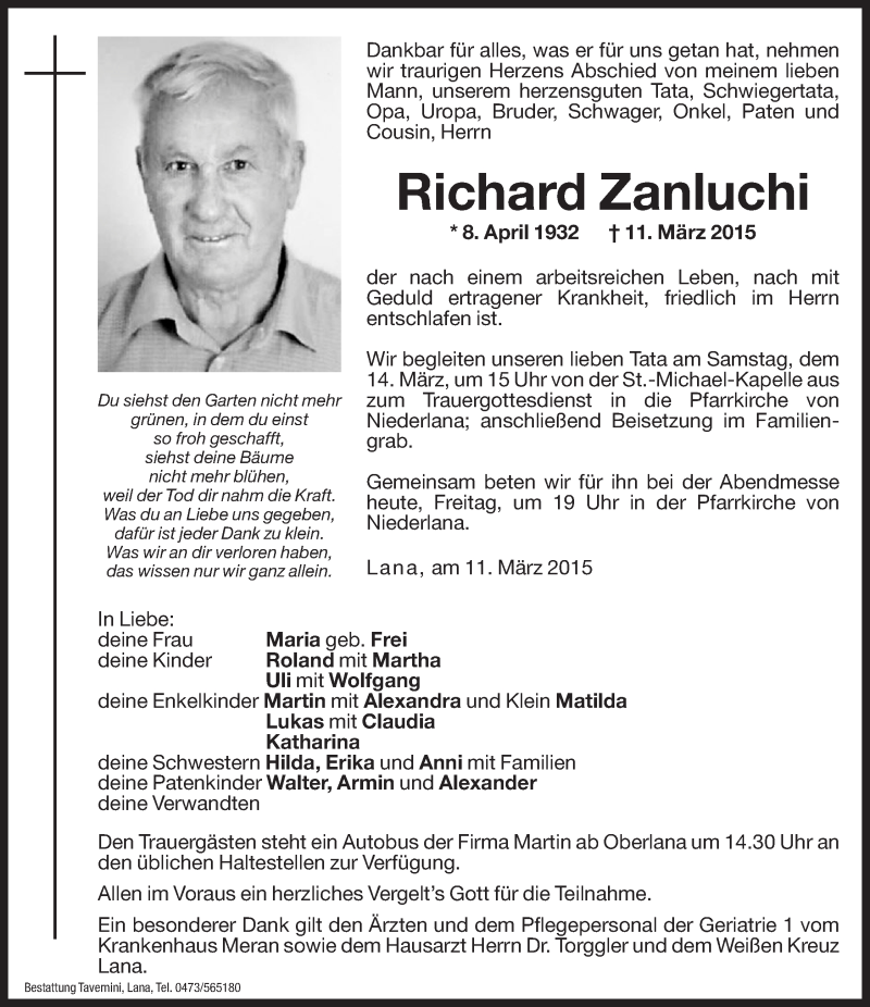  Traueranzeige für Richard Zanluchi vom 13.03.2015 aus Dolomiten