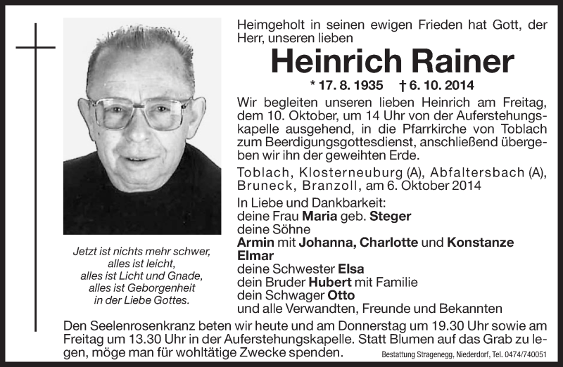  Traueranzeige für Heinrich Rainer vom 08.10.2014 aus Dolomiten