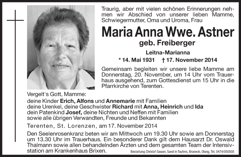  Traueranzeige für Maria Anna Astner vom 19.11.2014 aus Dolomiten