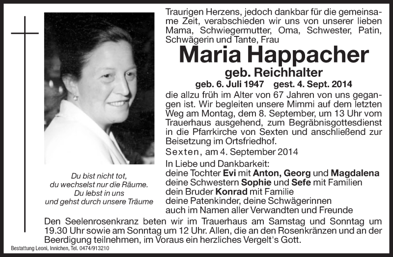  Traueranzeige für Maria Happacher vom 06.09.2014 aus Dolomiten