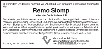 Traueranzeige von Remo Slomp von Dolomiten