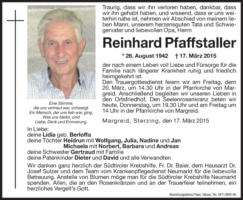  Traueranzeige für Reinhard Pfaffstaller vom 19.03.2015 aus Dolomiten