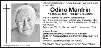 Traueranzeige von Odino Manfrin von Dolomiten