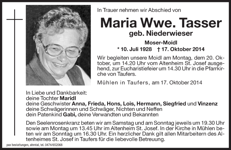  Traueranzeige für Maria Tasser vom 18.10.2014 aus Dolomiten