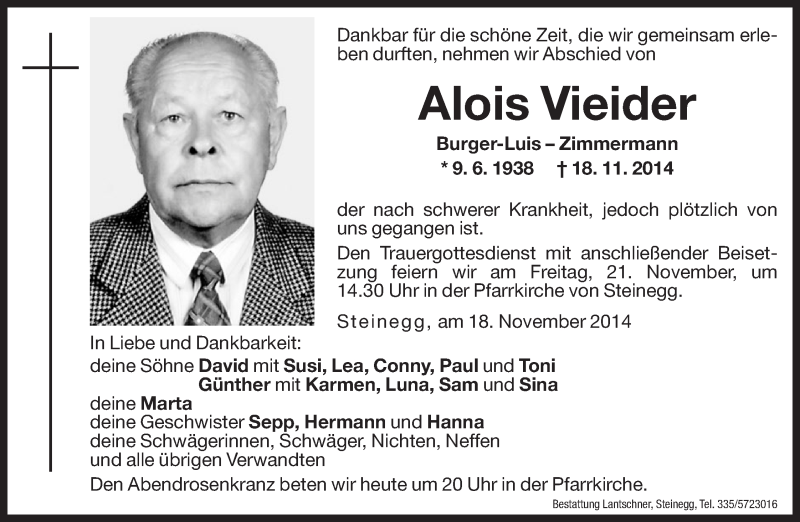  Traueranzeige für Alois Vieider vom 20.11.2014 aus Dolomiten