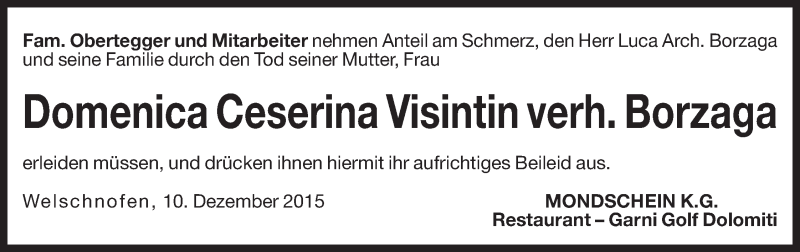  Traueranzeige für Domenica Ceserina Borzaga vom 11.12.2015 aus Dolomiten
