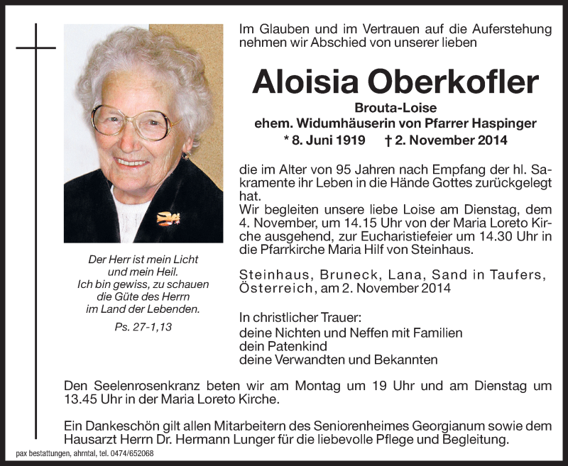  Traueranzeige für Aloisia Oberkofler vom 03.11.2014 aus Dolomiten