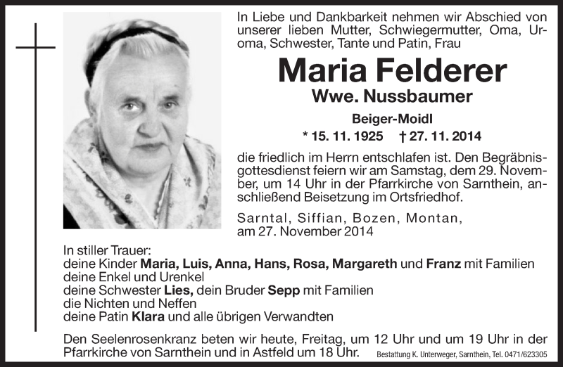  Traueranzeige für Maria Nussbaumer vom 28.11.2014 aus Dolomiten