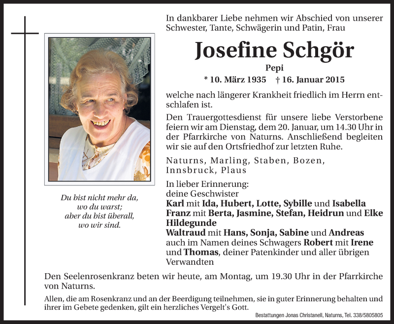  Traueranzeige für Josefine Schgör vom 19.01.2015 aus Dolomiten