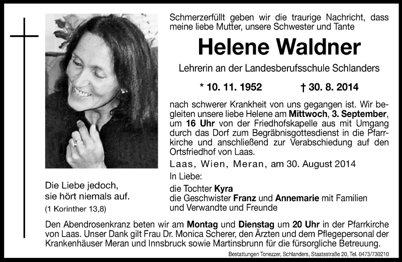  Traueranzeige für Helene Waldner vom 01.09.2014 aus Dolomiten