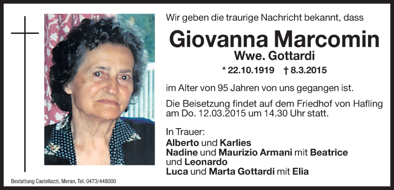  Traueranzeige für Giovanna Gottardi vom 10.03.2015 aus Dolomiten