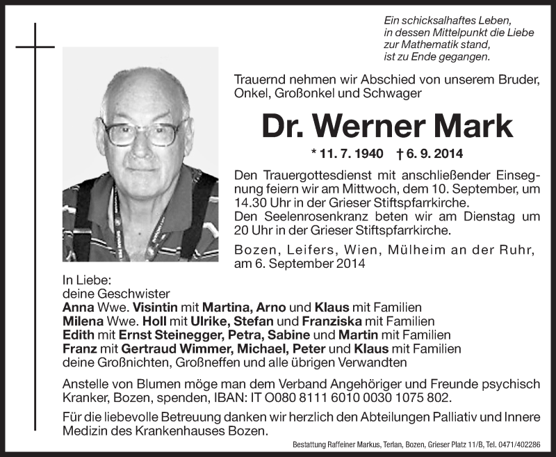  Traueranzeige für Werner Mark vom 08.09.2014 aus Dolomiten