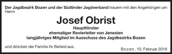 Traueranzeige von Josef Obrist von Dolomiten