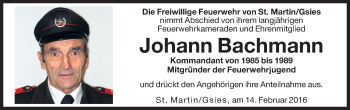 Traueranzeige von Johann Bachmann von Dolomiten