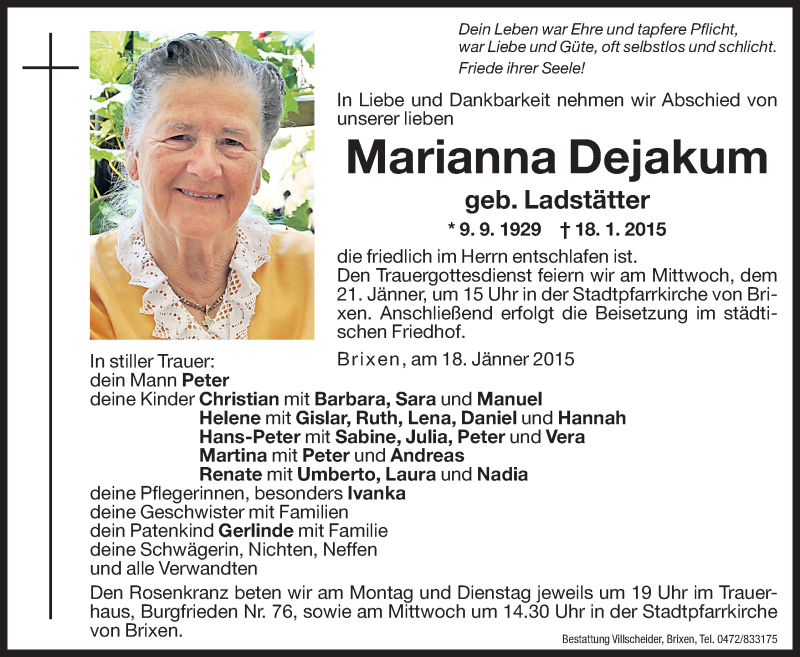  Traueranzeige für Marianna Dejakum vom 19.01.2015 aus Dolomiten