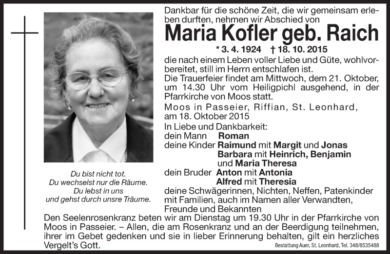  Traueranzeige für Maria Kofler vom 20.10.2015 aus Dolomiten