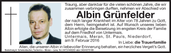 Traueranzeige von Albin Grünfelder von Dolomiten