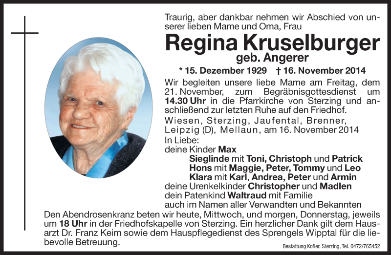  Traueranzeige für Regina Kruselburger vom 19.11.2014 aus Dolomiten