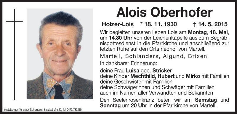  Traueranzeige für Alois Oberhofer vom 15.05.2015 aus Dolomiten
