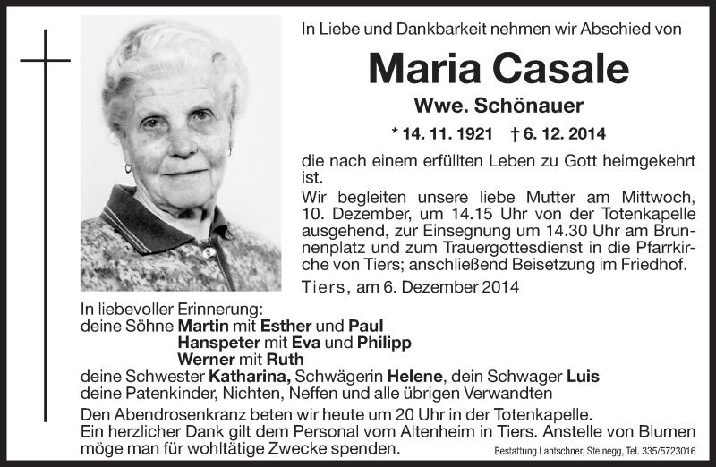  Traueranzeige für Maria Schönauer vom 09.12.2014 aus Dolomiten