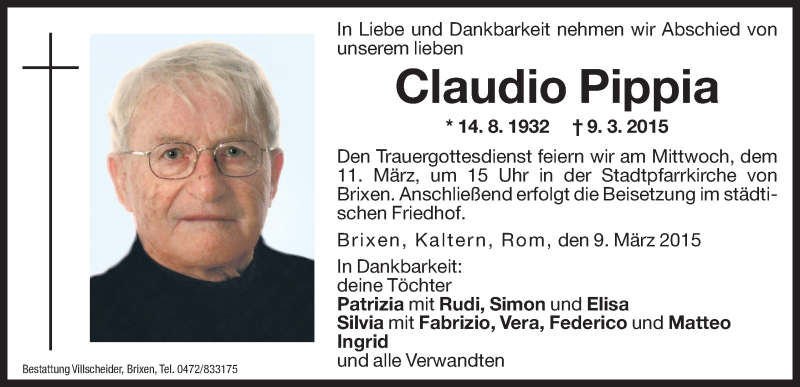  Traueranzeige für Claudio Pippia vom 11.03.2015 aus Dolomiten