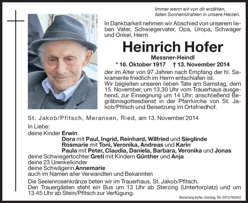  Traueranzeige für Heinrich Hofer vom 14.11.2014 aus Dolomiten