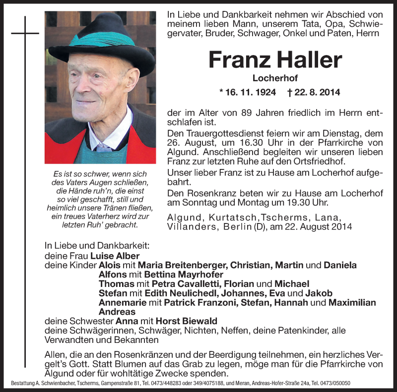  Traueranzeige für Franz Haller vom 23.08.2014 aus Dolomiten